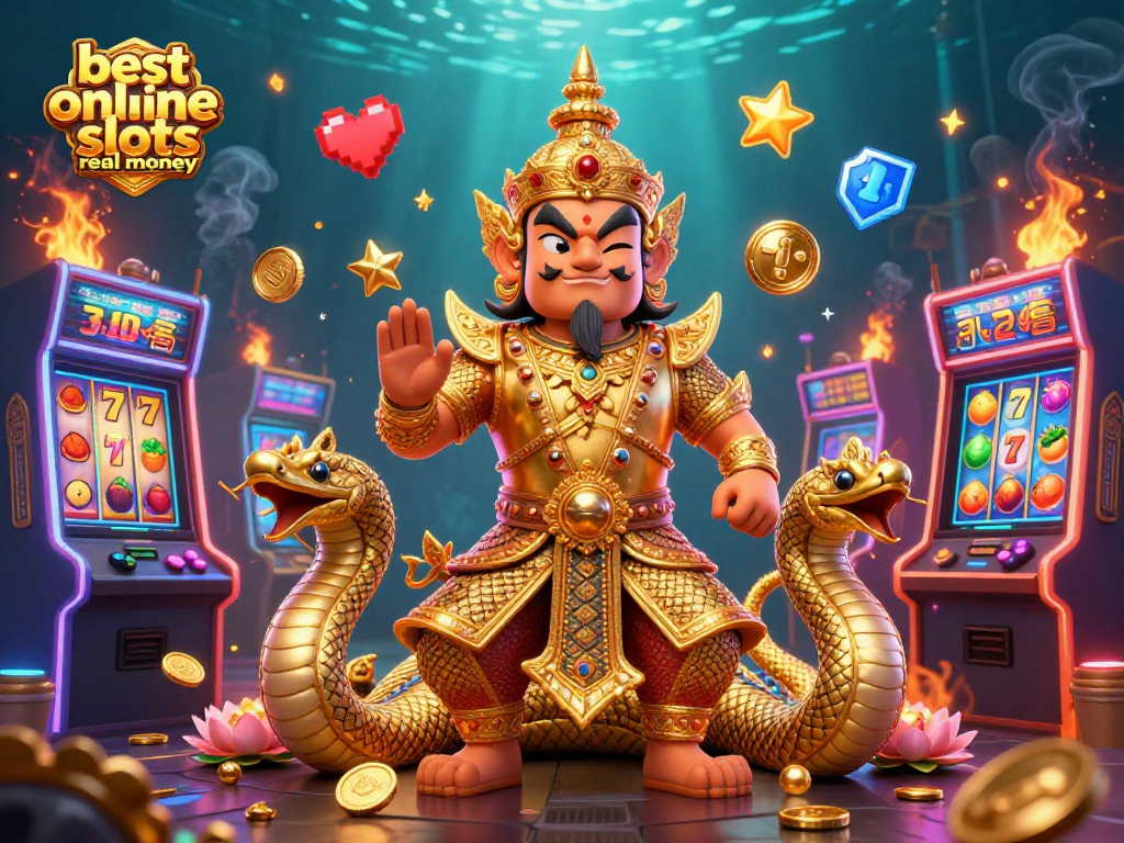 Win with the best online slots real money featuring vibrant characters and slot machines in an engaging 3D scene.