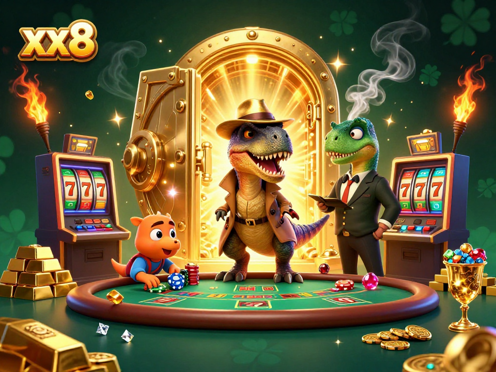Win big at xx8 with a cartoon velociraptor card counter and thrilling casino elements.