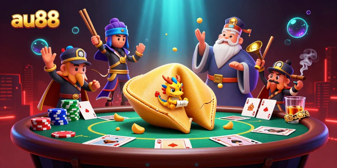Experience the vibrant world of au88 with a lively depiction of a golden fortune cookie surrounded by thrilling poker elements.