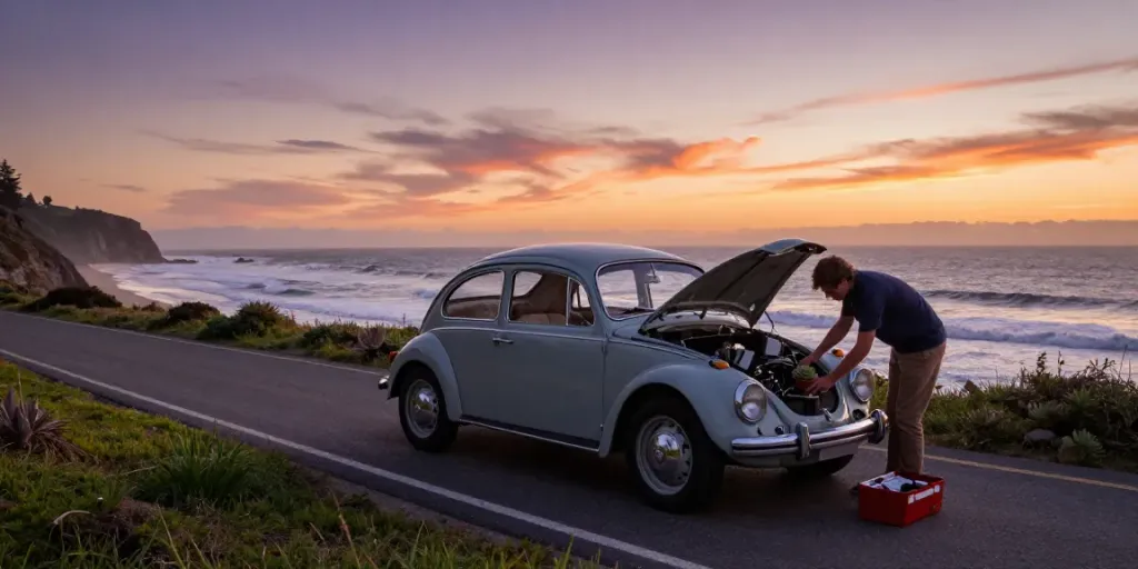 Classic air-cooled Volkswagen being inspected near the ocean at sunset, showcasing the essence of automotive nostalgia.