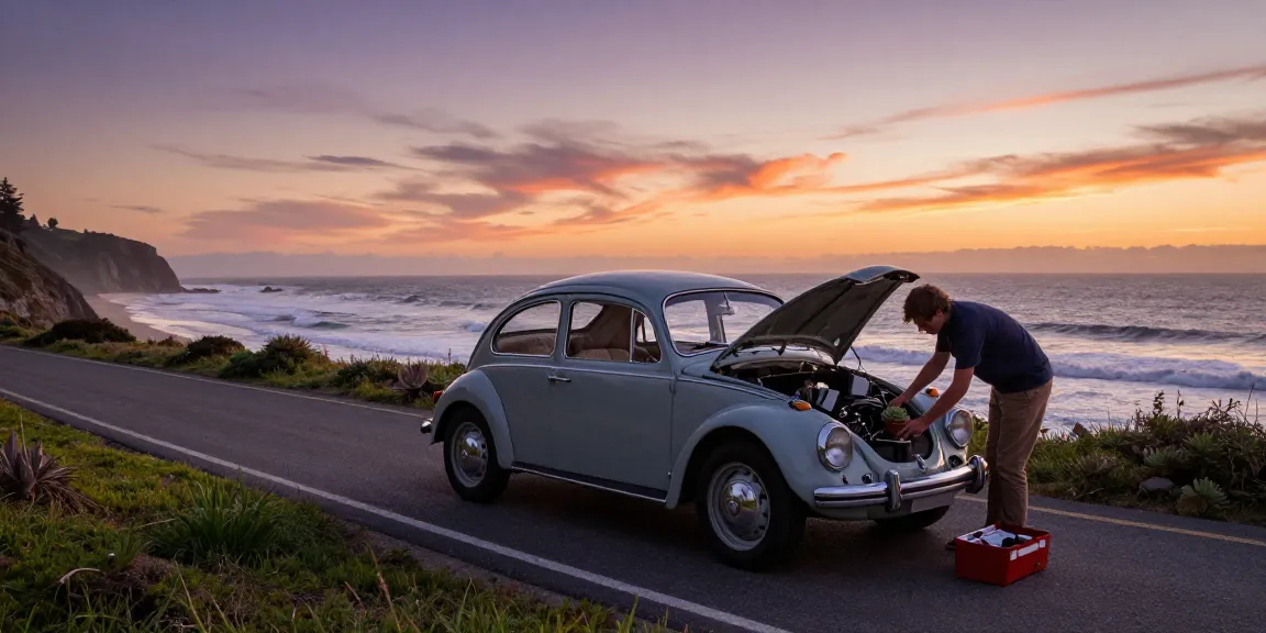 Classic air-cooled Volkswagen being inspected near the ocean at sunset, showcasing the essence of automotive nostalgia.