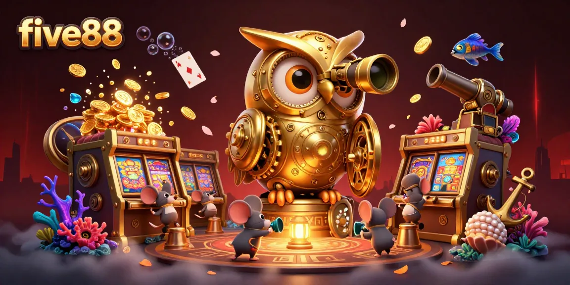Experience the thrill of five88 with a vibrant 3D illustration of a clockwork owl scanning a lively casino scene.
