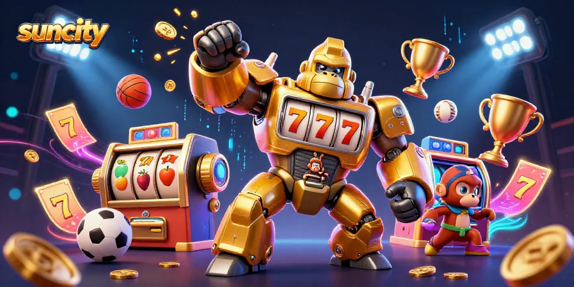 Suncity's golden gorilla mech bursts with coins while surrounded by slot reels and sports balls, showcasing gaming excitement.