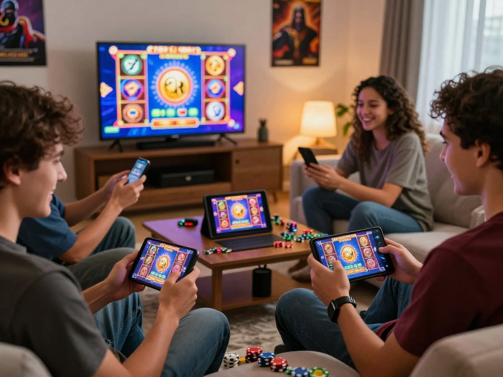 Engaging players enjoying gacor slot games on mobile devices in a cozy living room setting.