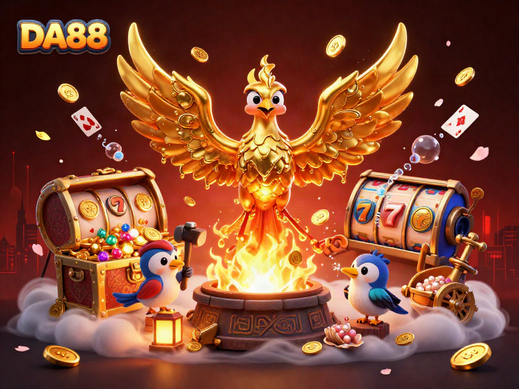 Engage in thrilling gaming at DA88 with golden phoenix and vibrant slot reels in a rich 3D illustration.