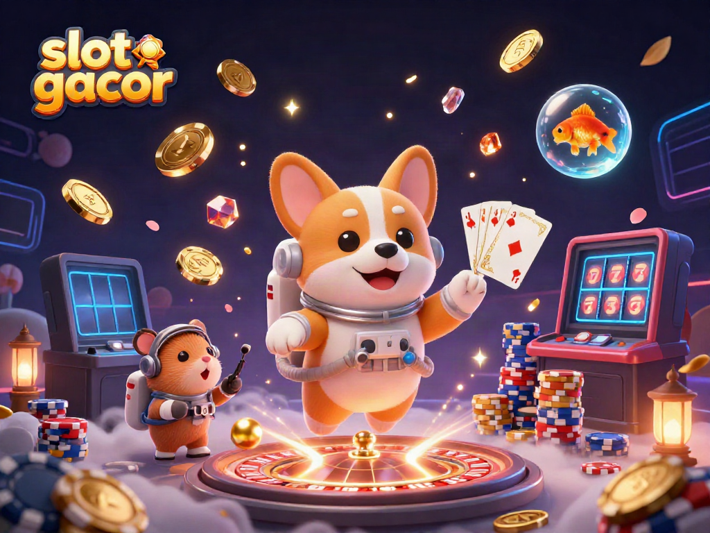 Experience the excitement of slot gacor with vibrant characters and casino elements dynamically floating in space.