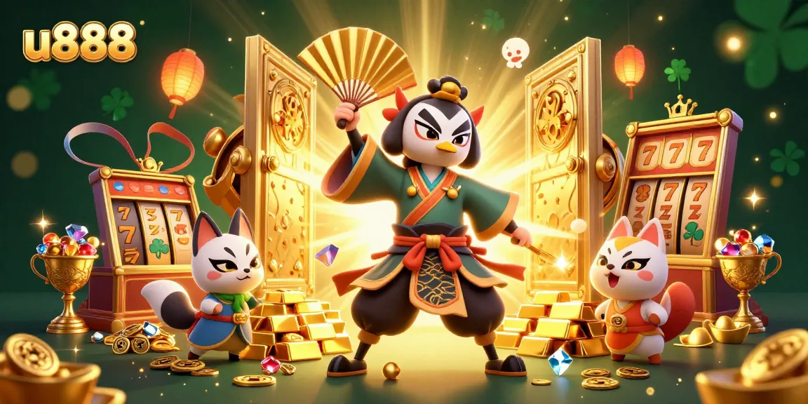 Join the excitement at u888 with kabuki warrior and kitsune surrounded by casino treasures.