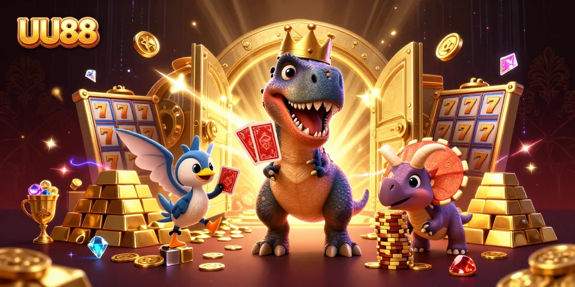 Experience thrilling slots with UU88 in this vibrant 3D casino illustration featuring interactive characters.