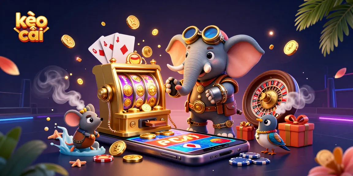 Experience kèo nhà cái excitement with a vibrant illustration of a steampunk elephant at a dynamic slot machine.