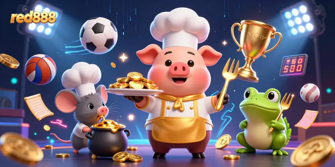 Experience the excitement of red888 with the chef pig serving gold coins in a vibrant casino scene.
