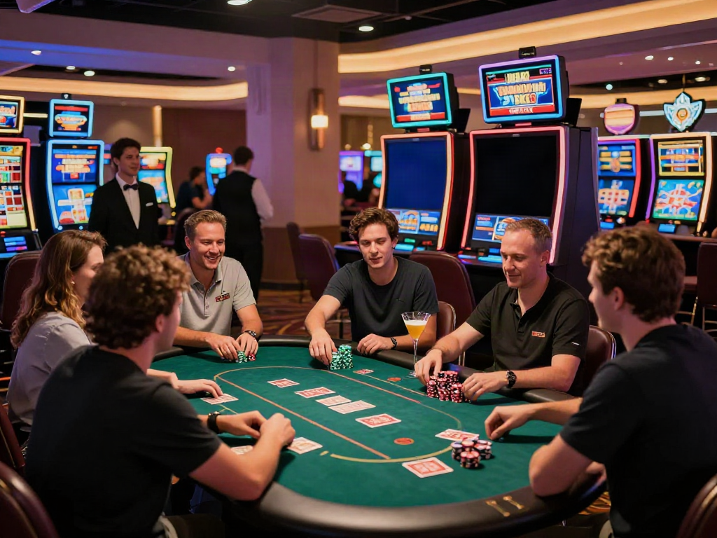 Engaged players at a lively casino with slot machines showcasing excitement for ahha4d gaming.