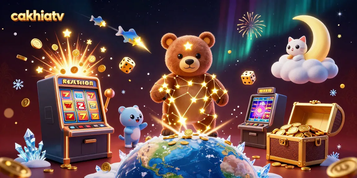 CakhiaTV showcases a magical 3D cartoon scene of winning stars, coins, and vibrant casino elements.