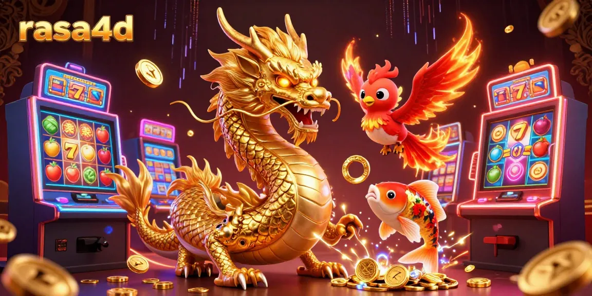 Permainan kisi slot dari rasa4d dengan naga emas dan ikan koi melompat di atas koin.
