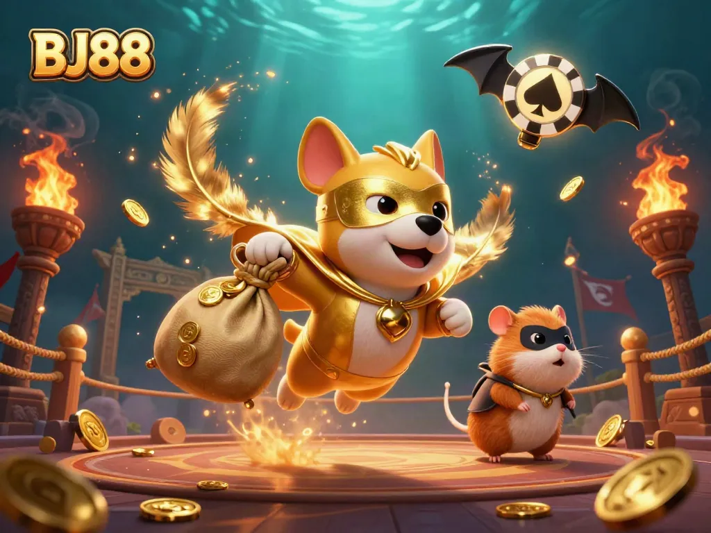 BJ88 offers exhilarating gameplay, showcasing a superhero dog and hamster in an action-packed casino scene.