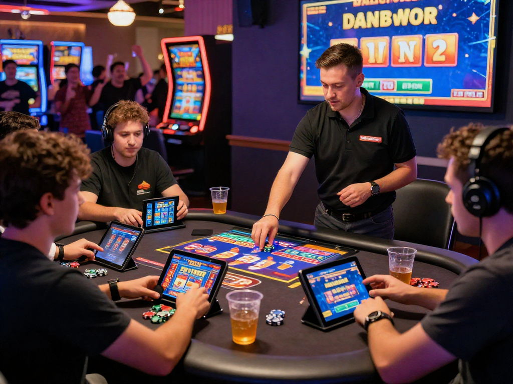 Engaging scene of players enjoying bonus buy slots at a vibrant online casino gaming table.