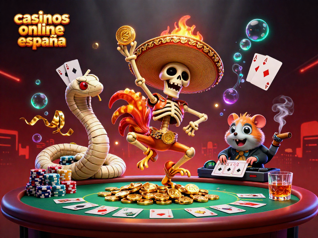Juega en casinos online España con un sombrero flamígero, ganando en un escenario lleno de monedas doradas.