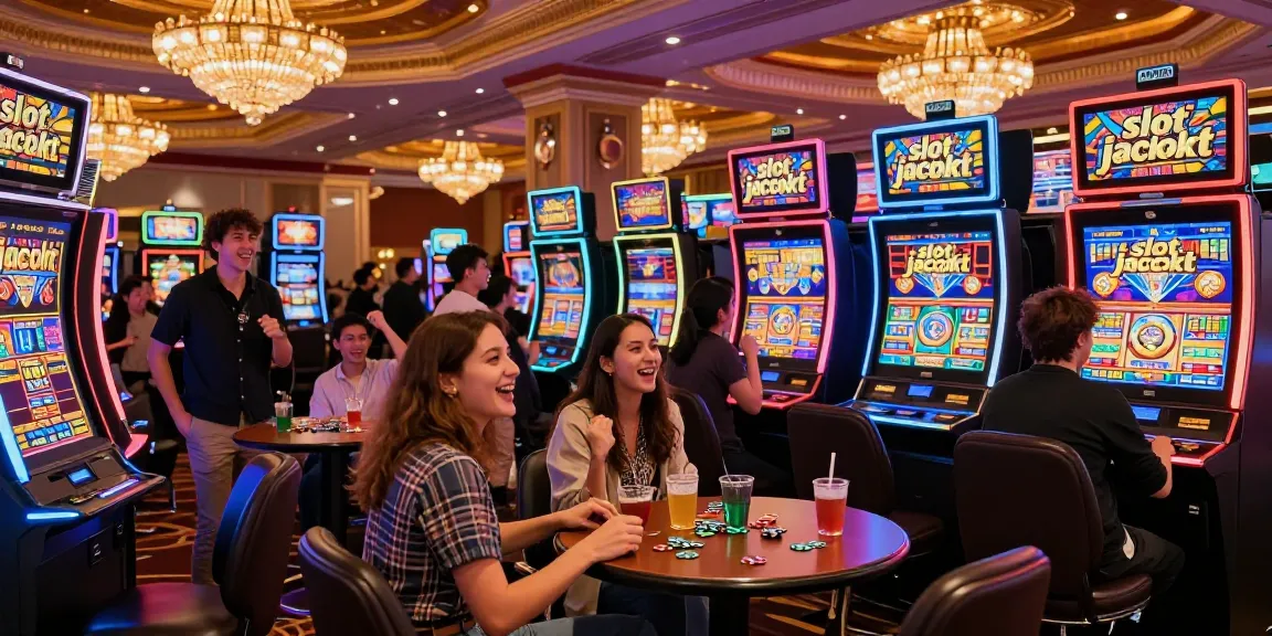 Exciting casino scene featuring friends celebrating a slot jackpot win amid a lively gaming floor atmosphere.