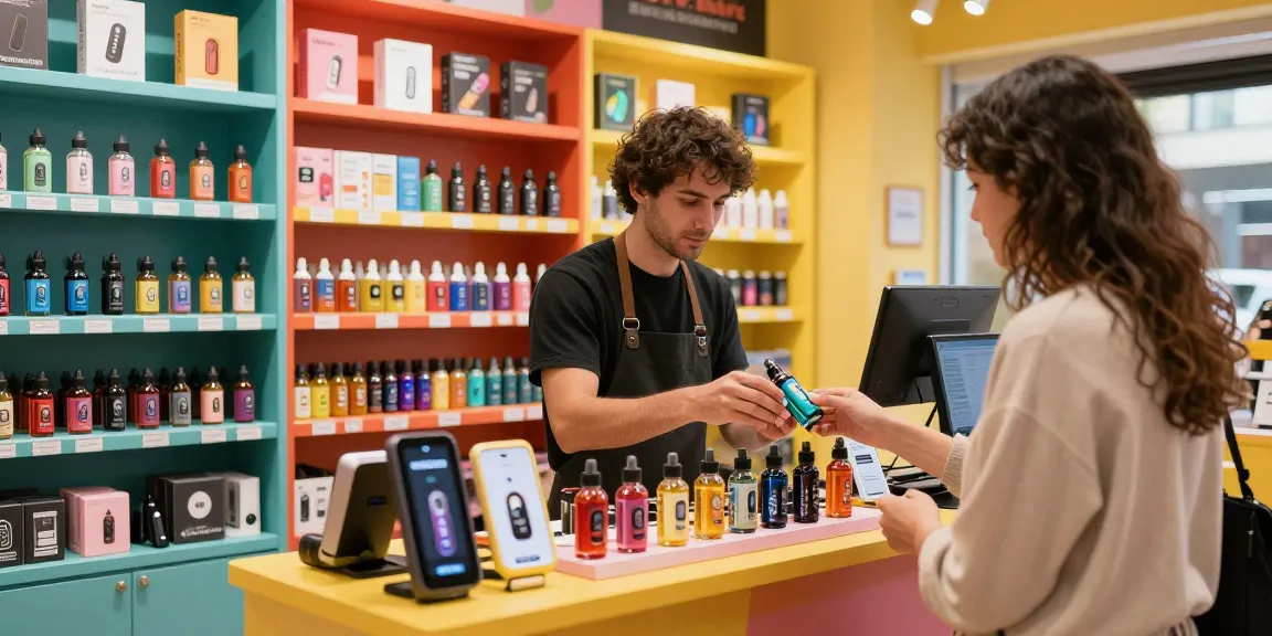 Customer exploring a range of e-liquid vape juice options in a vibrant retail environment.