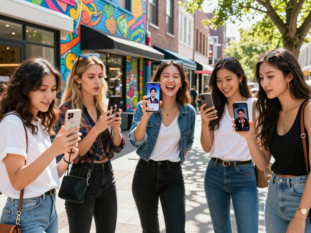 Friends comparing their looks to celebrities using a smartphone app in a vibrant city.