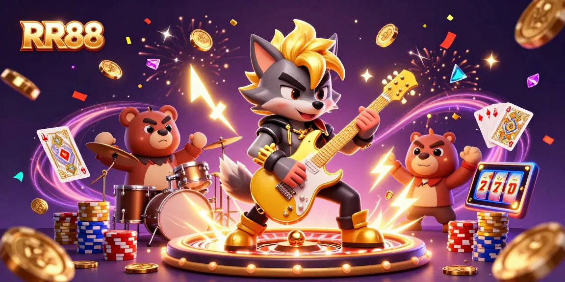 Experience the excitement of RR88 with a vibrant casino scene featuring a rock star wolf and dynamic gaming elements.