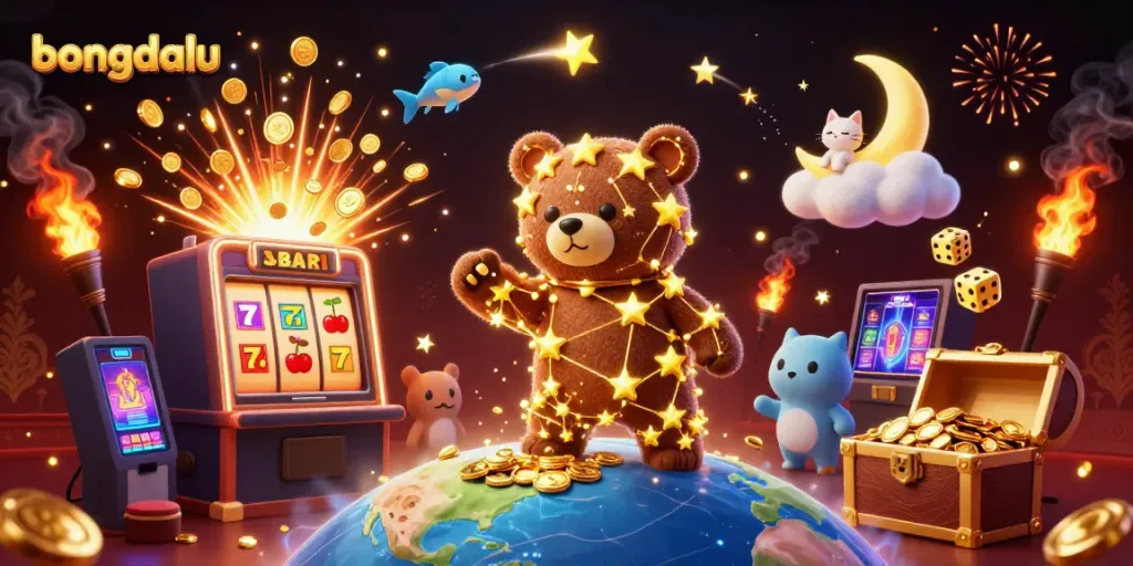 Engage with Bongdalu as a constellation bear scoops winnings amidst a colorful casino themed explosion.