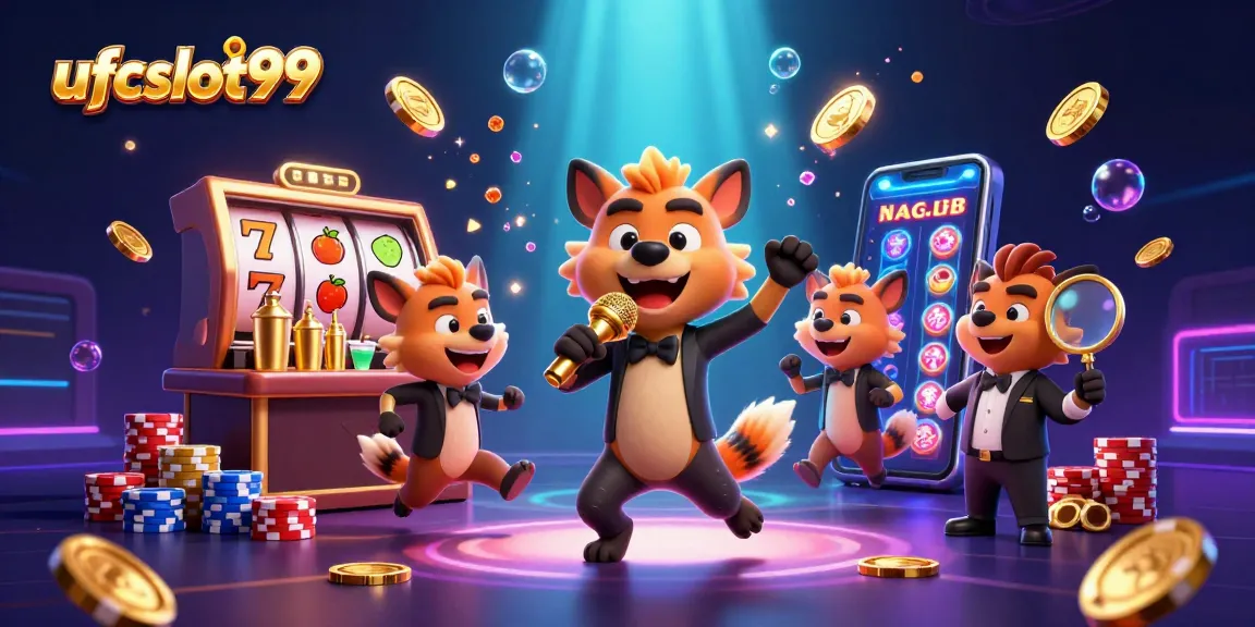 Experience excitement at ufcslot99 with hyenas in a vibrant casino scene filled with cascading coins.
