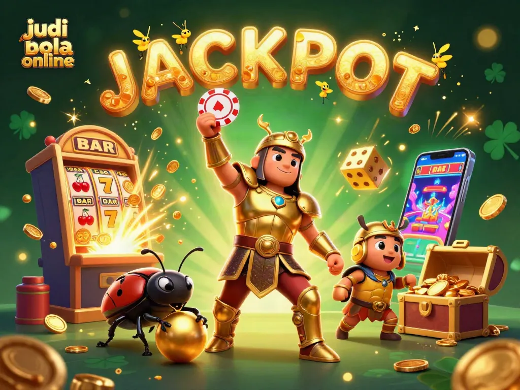 Engage in judi bola online with vibrant illustration featuring a victorious beetle lifting a poker chip.