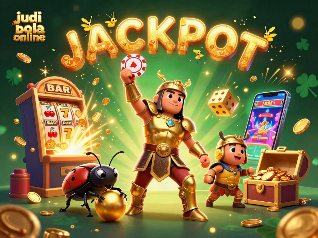 Engage in judi bola online with vibrant illustration featuring a victorious beetle lifting a poker chip.