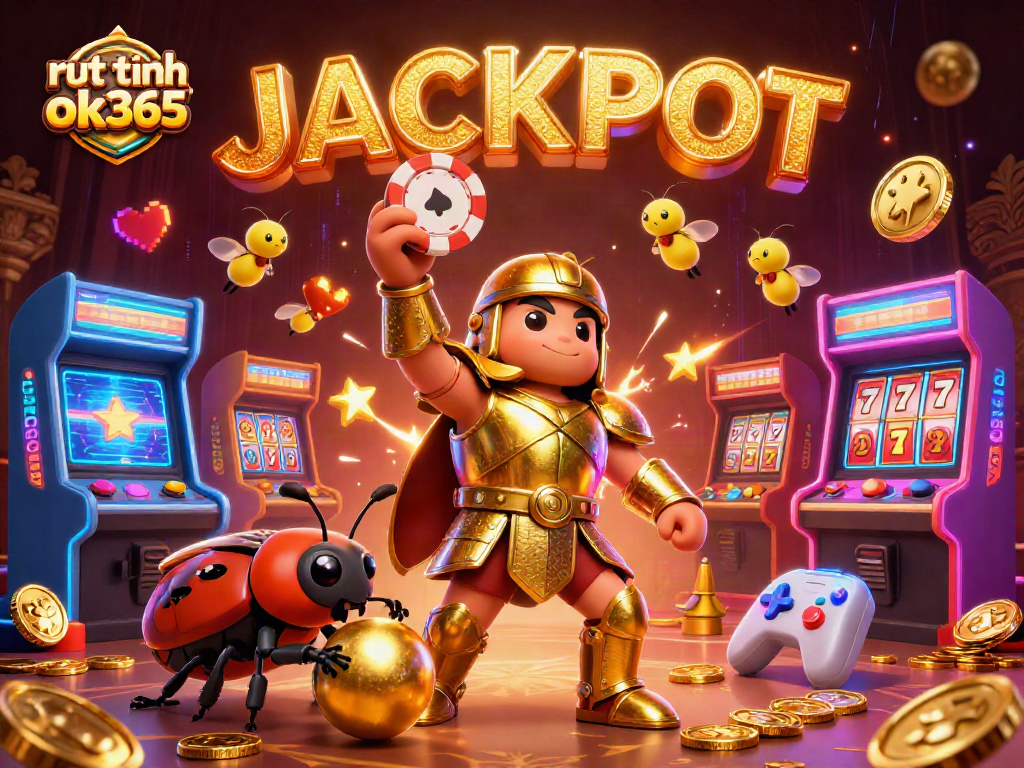 Engage with rút tiền ok365 as a cartoon beetle celebrates a big win in a casino-themed digital scene.
