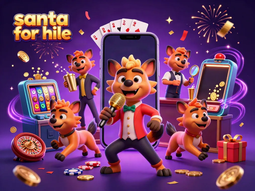 Experience holiday joy with Santa for hire, vibrant casino club scene filled with celebratory elements.