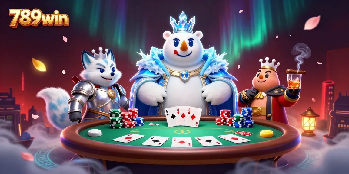 Engage gaming with 789win through this vibrant, dynamic poker scene illustration featuring a cartoon ice king and snow fox.
