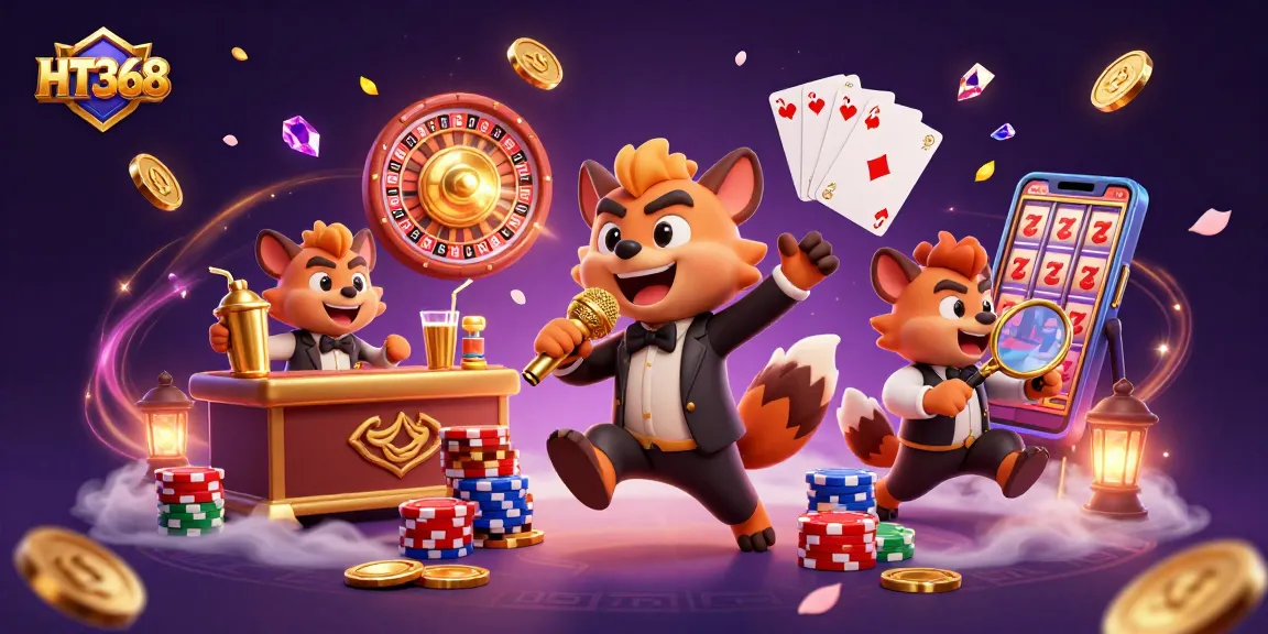 HT368 engaging in casino fun with hyenas at a comedy club surrounded by vibrant gaming elements.