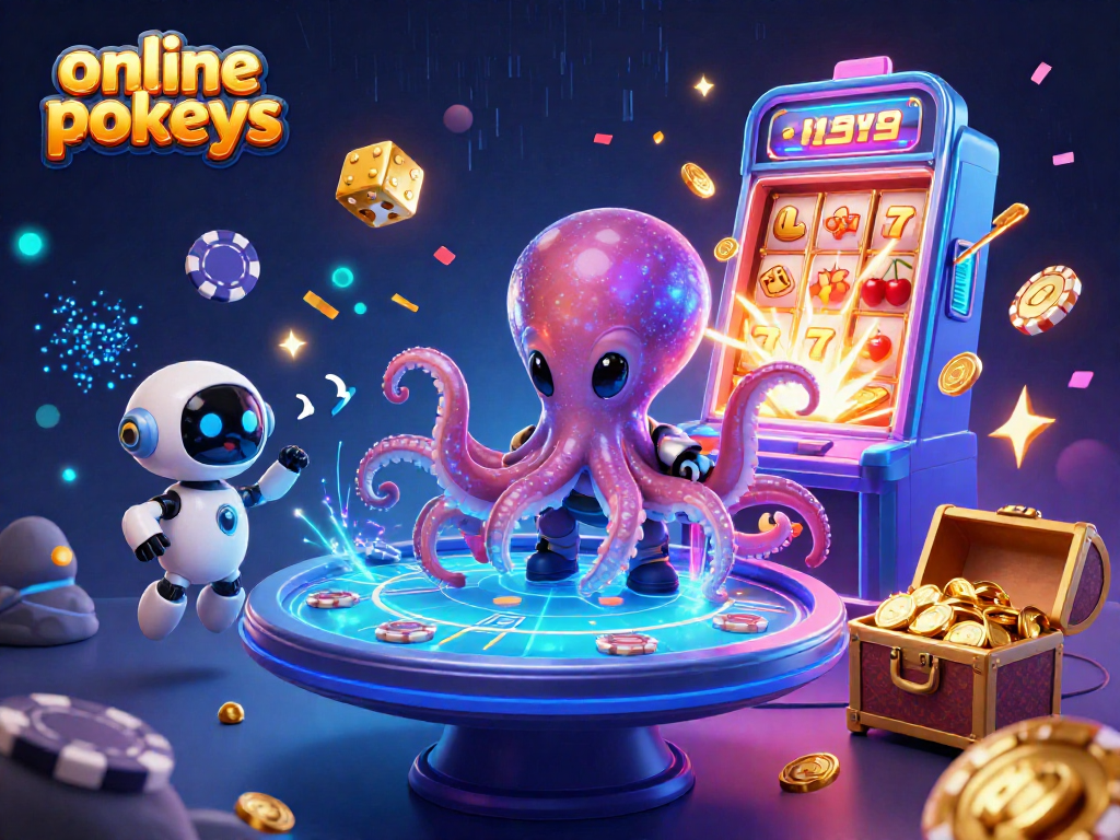 Engaging online pokies scene with an alien octopus, vibrant slot machine, and dynamic gameplay elements.