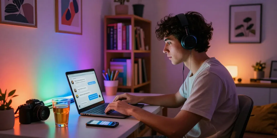Engaging scene of a young adult interacting with an nsfw ai chat on a laptop in a cozy urban room.