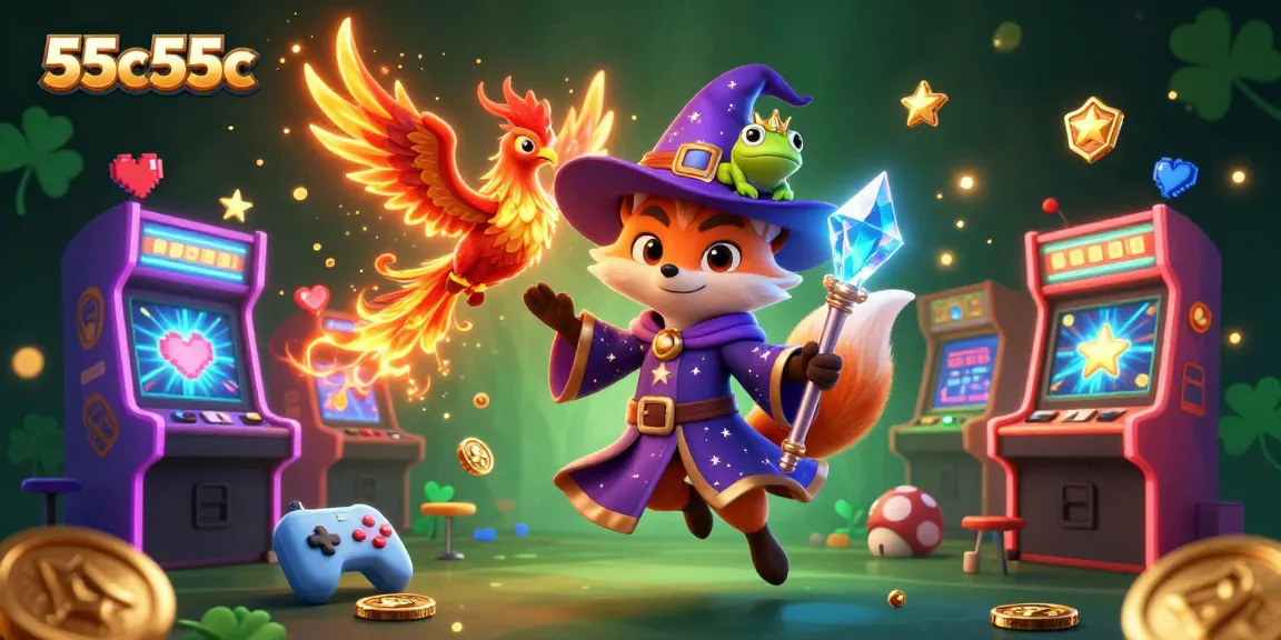 Experience the magic of 55c55c with a wizard fox and phoenix amidst dynamic casino gaming elements.