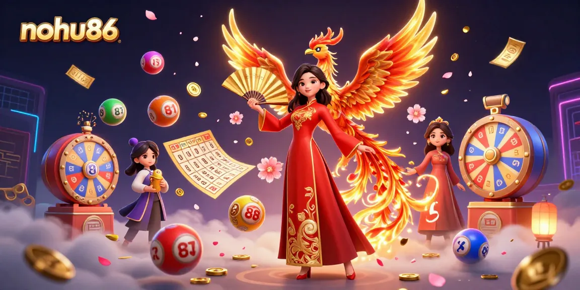 Nohu86 thrills players with an exciting Asian online casino promotional scene featuring a beautiful woman and a phoenix.