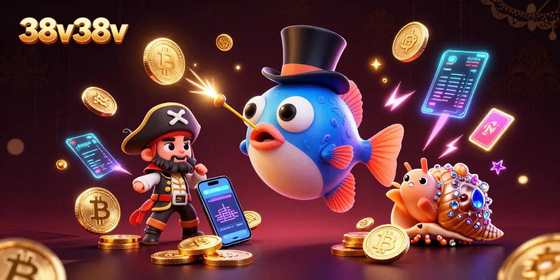 Atraia tesouros com 38v38v: ilustração 3D de anglerfish em topo, camarão pirata e caracol de gemas.