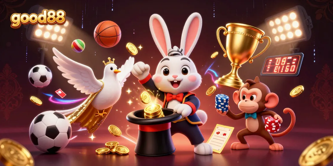 Engage with good88 gaming excitement featuring a magician rabbit with coins, illuminating the online casino scene.