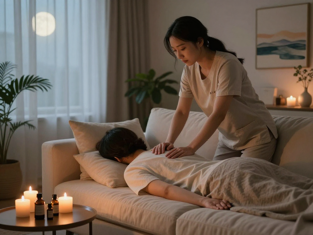 Relaxing 남양주출장마사지 session in a cozy home setting with candles and soothing atmosphere.