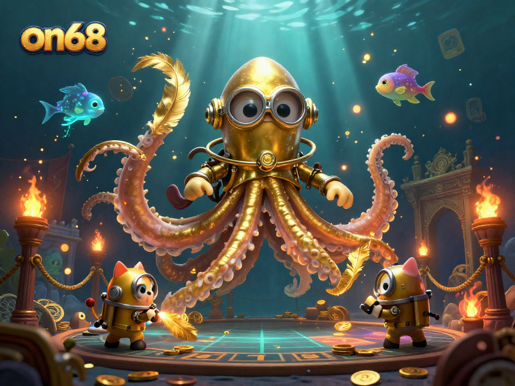 Engage in thrilling marine adventures with ON68's vibrant underwater casino scene featuring the kraken and interactive diving elements.