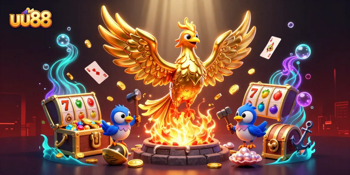Experience exhilarating wins at uu88 with a vibrant 3D display of golden phoenix and exciting slot game elements.