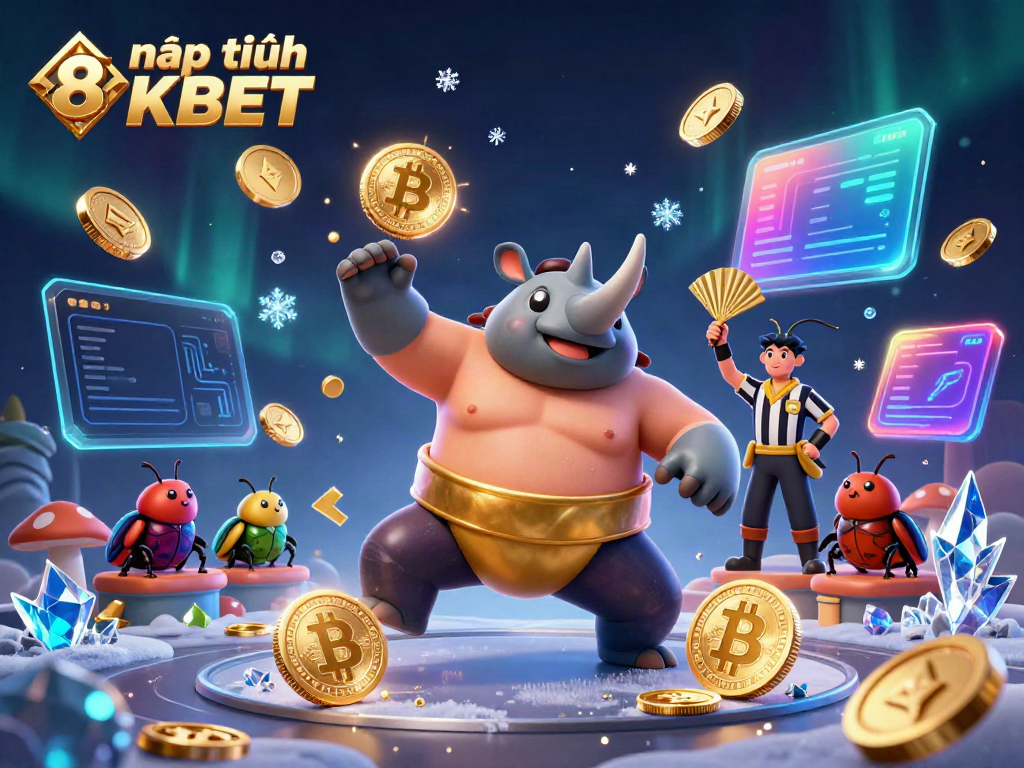 Engage with nạp tiền 8KBET in an ultra-detailed scene featuring dynamic characters and colorful cryptocurrency elements.