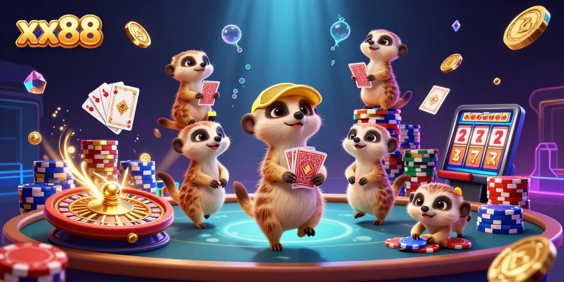 xx88 casino meerkats operate slot games and roulette, showcasing vibrant gambling fun and excitement