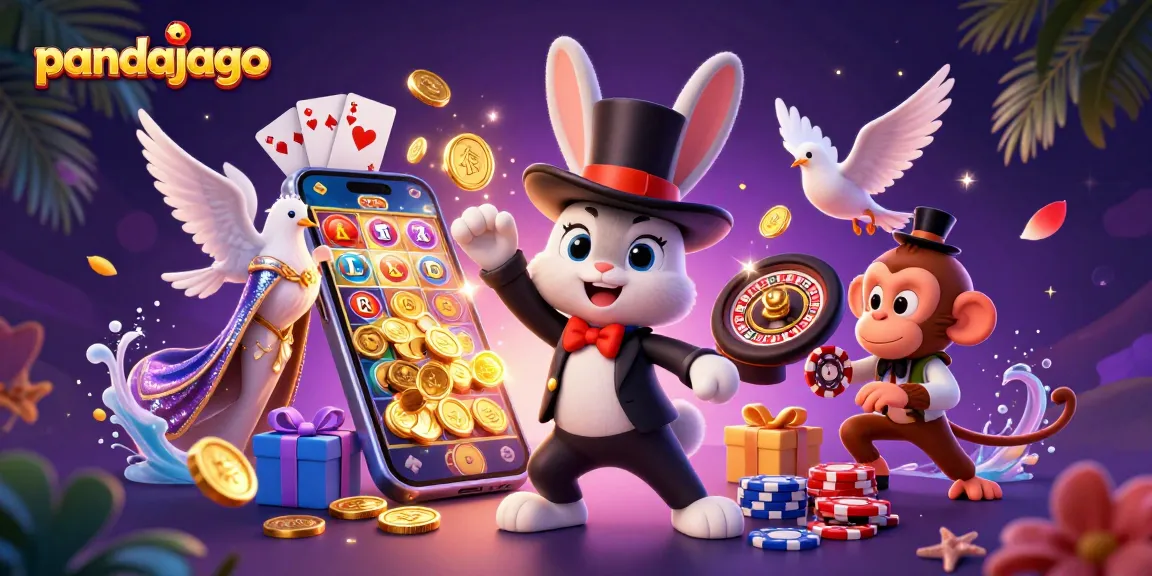 Pandajago menghadirkan aksi mengesankan dengan kelinci penyihir menarik koin emas dan chip poker di ilustrasi kasinonya.