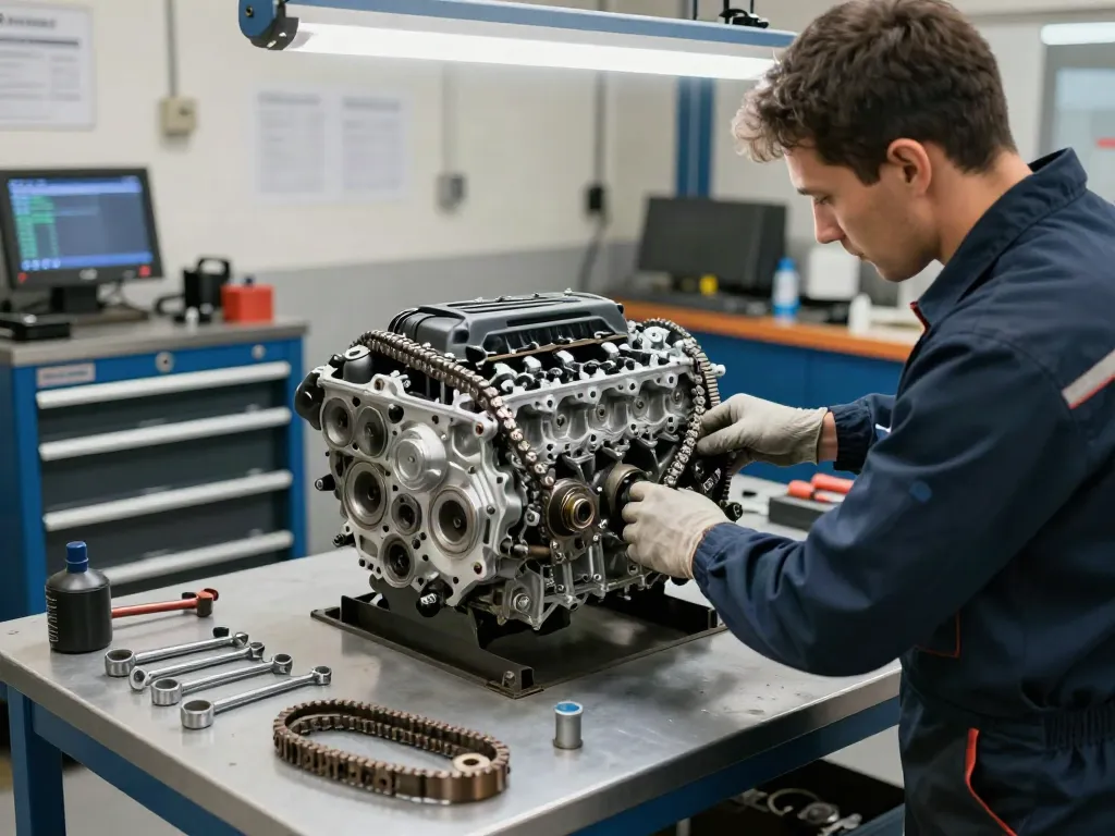 Mechaniker ersetzt die Steuerkette eines BMW in der Werkstatt mit hochwertigem Werkzeug.