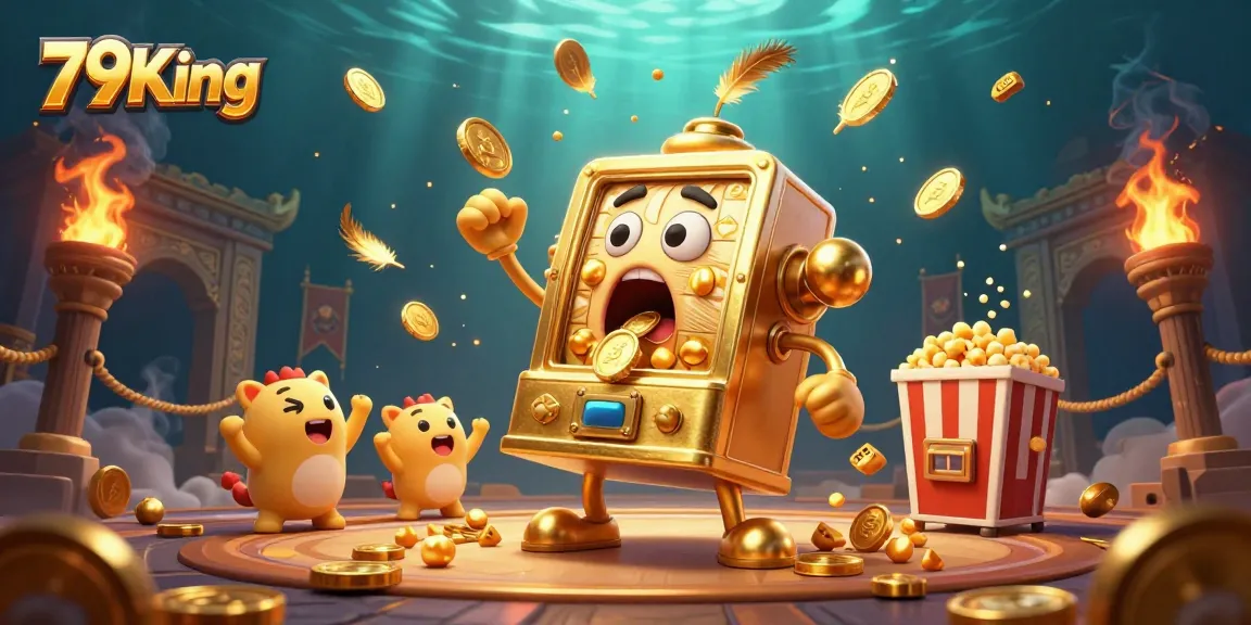 79King slot machine hits jackpot, surrounded by cheering machines and golden coins in a vibrant casino scene.