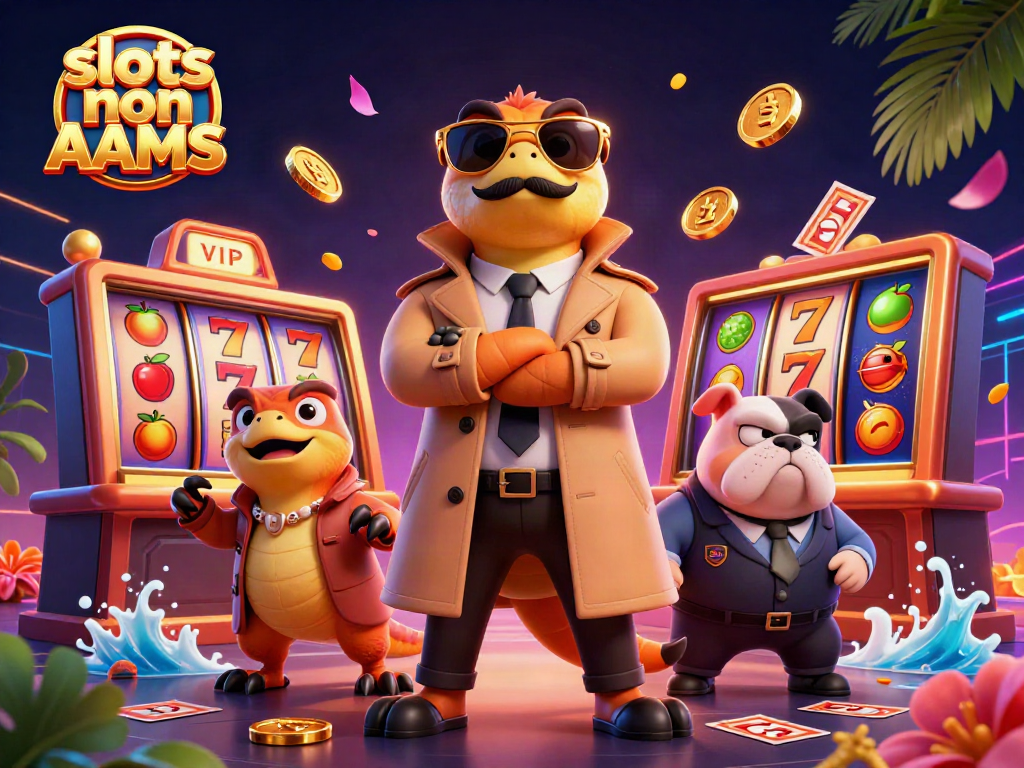 Giocatori che si divertono con le slots non AAMS, circondati da simboli vincenti e fiches colorate.