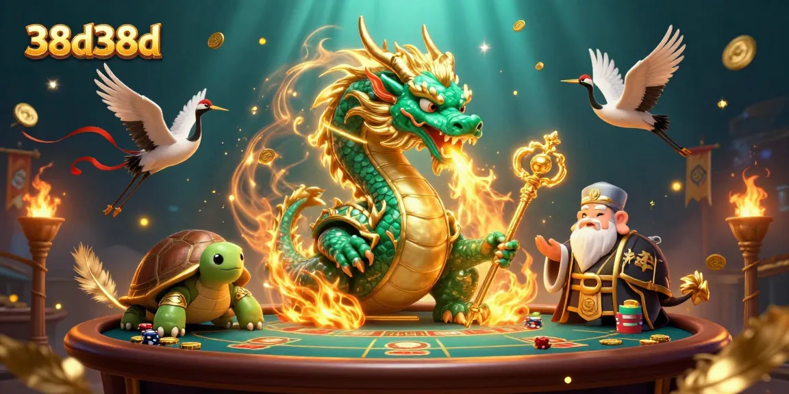 38d38d em ilustração de cassino com dragão, tartaruga e gruas, cercados por elementos de jogo.