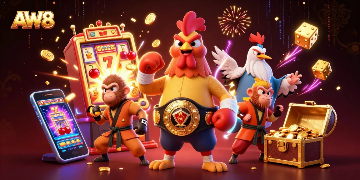 AW8 casino promotion with vivid characters and dynamic gaming elements.