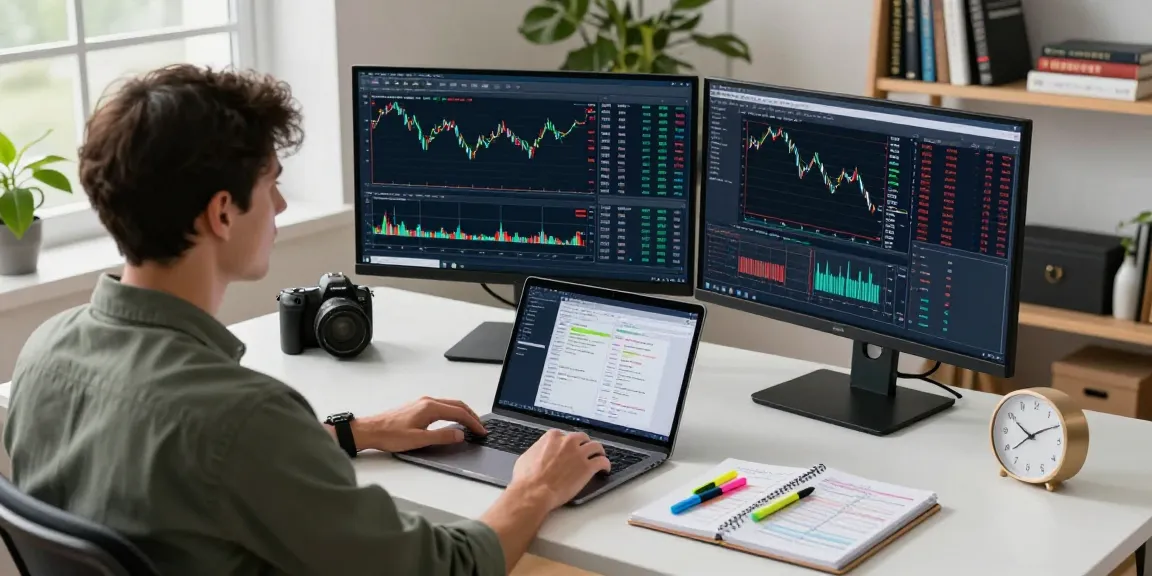Professional trader using mt5 in a modern workspace with dual monitors and market analysis tools.